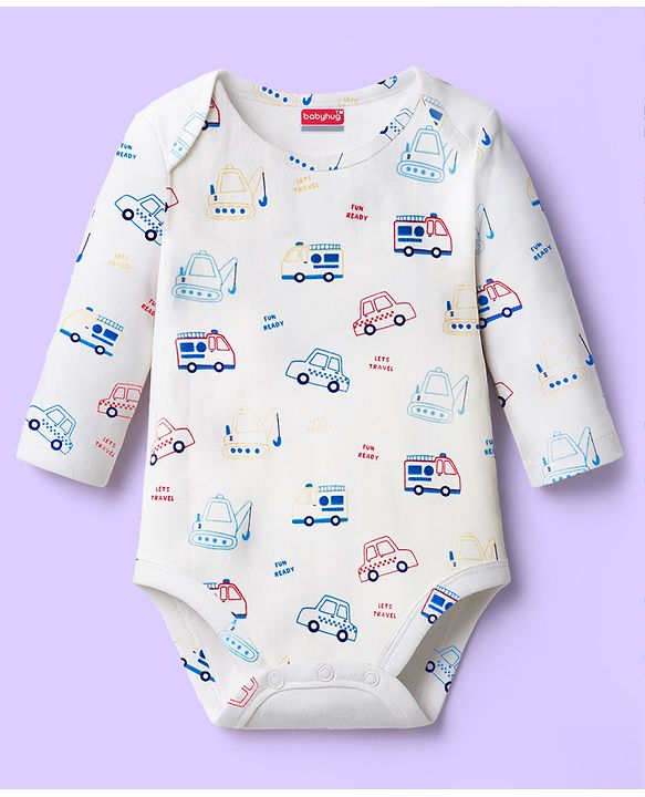 Babyhug 100% Cotton Interlock Knit Onesies With Vehicle Print Pack Of 3 - Yellow White & Blue