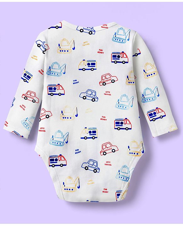 Babyhug 100% Cotton Interlock Knit Onesies With Vehicle Print Pack Of 3 - Yellow White & Blue