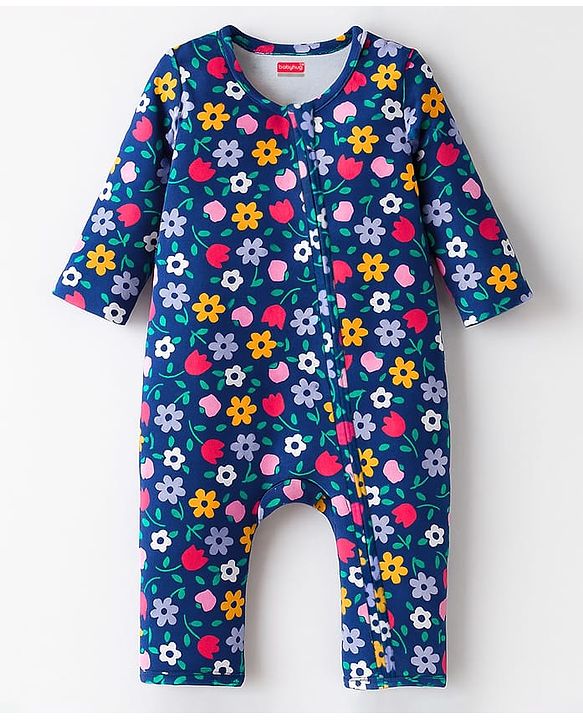 Babyhug 100% Cotton Knit Full Sleeves Rompers With Floral & Polka Dot Print Pack of 2 - Navy Blue & Pink