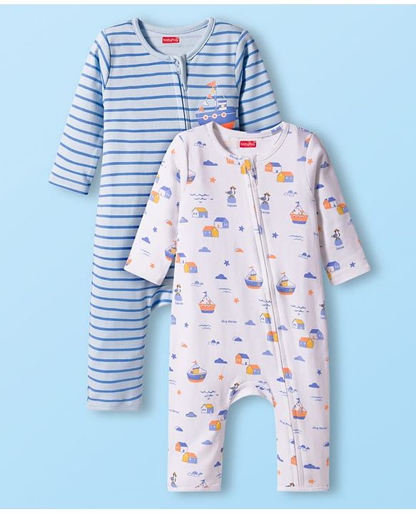 Babyhug 100% Cotton Interlock Knit Romper With Nautical Theme Print Pack of 2 - Blue & White