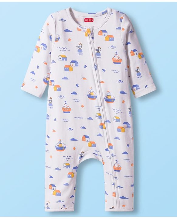 Babyhug 100% Cotton Interlock Knit Romper With Nautical Theme Print Pack of 2 - Blue & White