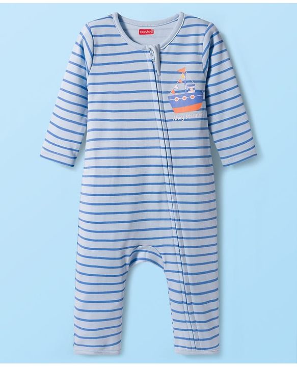 Babyhug 100% Cotton Interlock Knit Romper With Nautical Theme Print Pack of 2 - Blue & White
