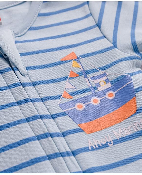 Babyhug 100% Cotton Interlock Knit Romper With Nautical Theme Print Pack of 2 - Blue & White