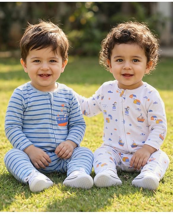 Babyhug 100% Cotton Interlock Knit Romper With Nautical Theme Print Pack of 2 - Blue & White