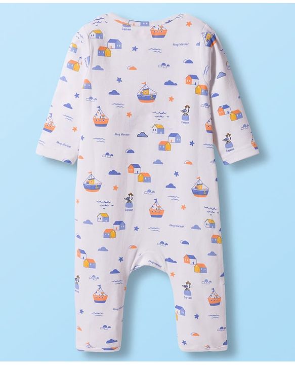 Babyhug 100% Cotton Interlock Knit Romper With Nautical Theme Print Pack of 2 - Blue & White