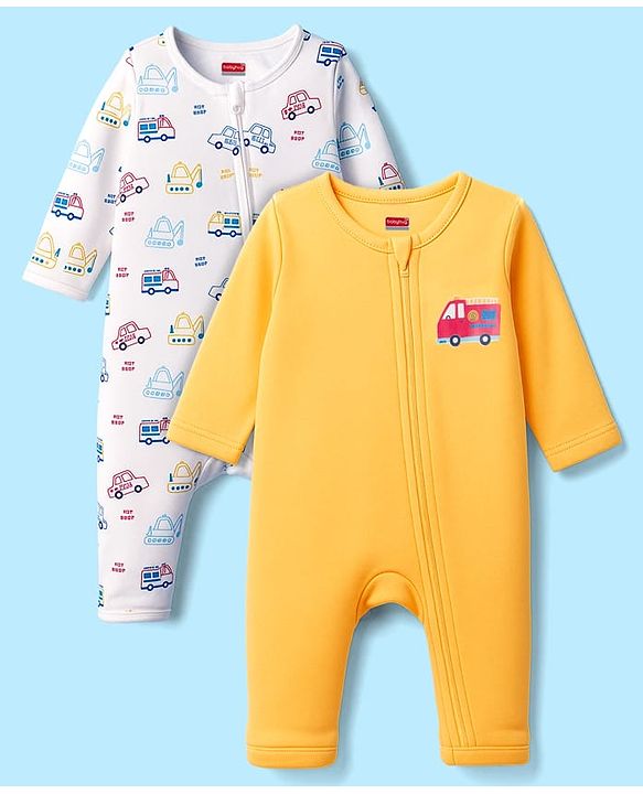 Babyhug 100% Cotton Knit Full Sleeves Romper With Vehicle Print Pack of 2 - Yellow & White