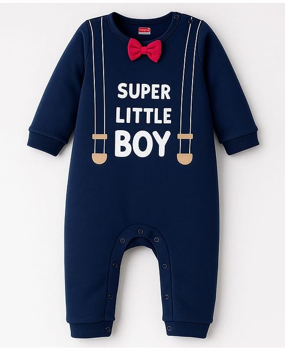 Babyhug 100% Cotton Knit Full Sleeves Romper With Text Print & Bow Applique - Navy Blue