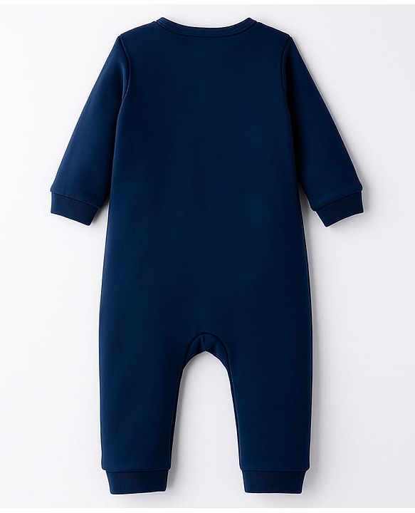 Babyhug 100% Cotton Knit Full Sleeves Romper With Text Print & Bow Applique - Navy Blue