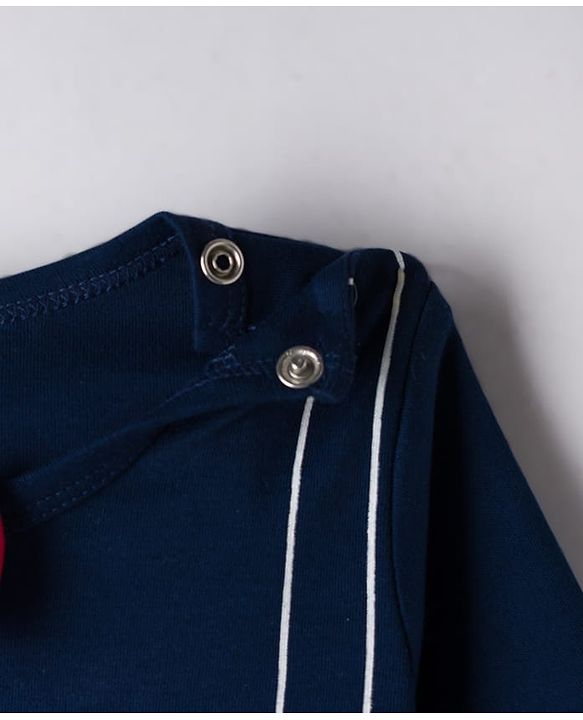 Babyhug 100% Cotton Knit Full Sleeves Romper With Text Print & Bow Applique - Navy Blue