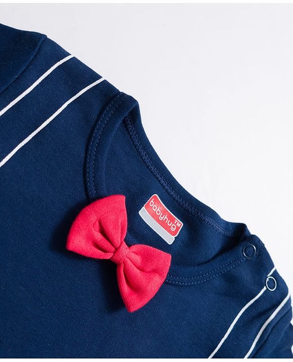 Babyhug 100% Cotton Knit Full Sleeves Romper With Text Print & Bow Applique - Navy Blue
