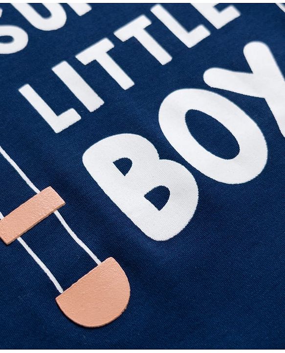 Babyhug 100% Cotton Knit Full Sleeves Romper With Text Print & Bow Applique - Navy Blue