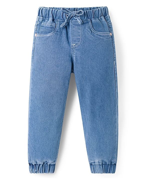 Babyhug Full Length Washed Denim Joggers With Stretch - Black