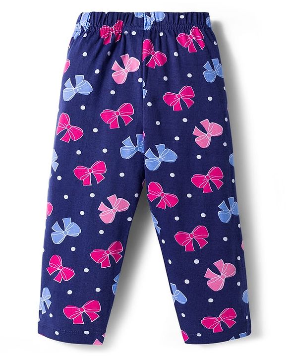 Babyhug Cotton Knit Full Sleeves Co-ords Night Suit With Bow Print - Navy Blue