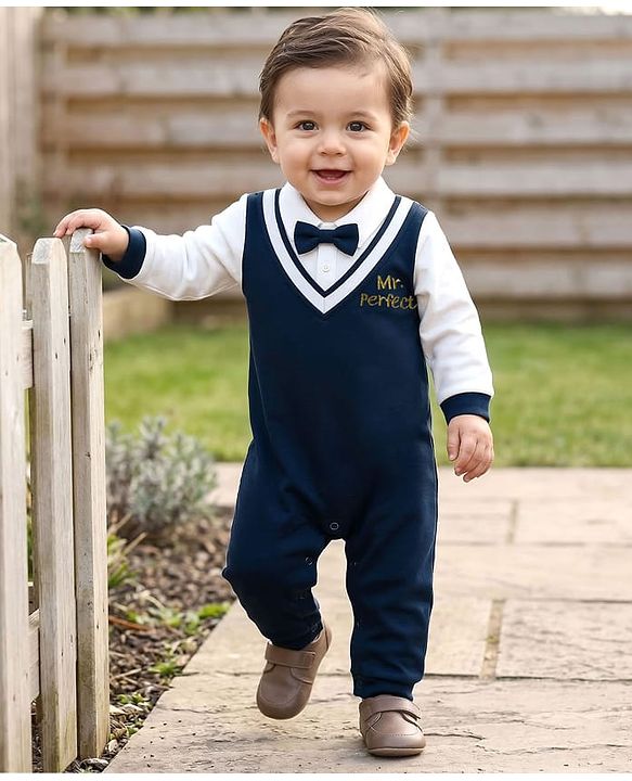 Babyhug Interlock Knit Full Sleeves Party Romper With Attached Waistcoat & Bow - Navy Blue