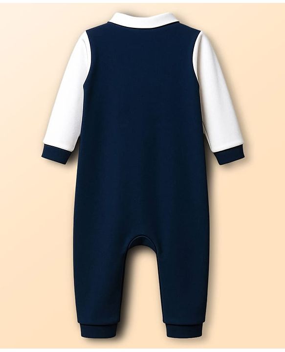 Babyhug Interlock Knit Full Sleeves Party Romper With Attached Waistcoat & Bow - Navy Blue