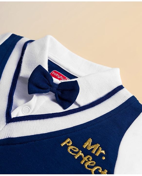 Babyhug Interlock Knit Full Sleeves Party Romper With Attached Waistcoat & Bow - Navy Blue