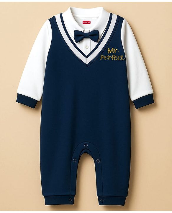 Babyhug Interlock Knit Full Sleeves Party Romper With Attached Waistcoat & Bow - Navy Blue