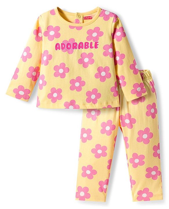 Babyhug Cotton Knit Full Sleeves Night Suit With Floral Print - Yellow