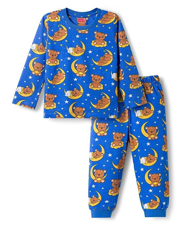 Babyhug Cotton Knit Full  Sleeves Co-ords Night Suit With Animal Print - Navy Blue