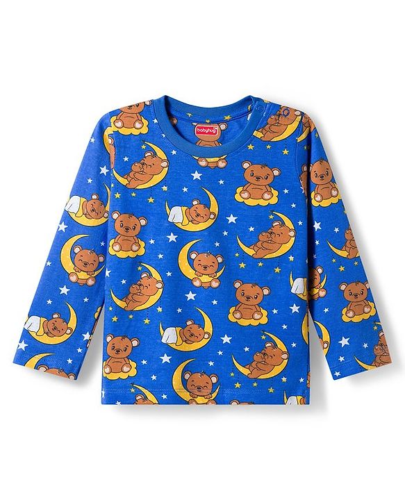 Babyhug Cotton Knit Full  Sleeves Co-ords Night Suit With Animal Print - Navy Blue