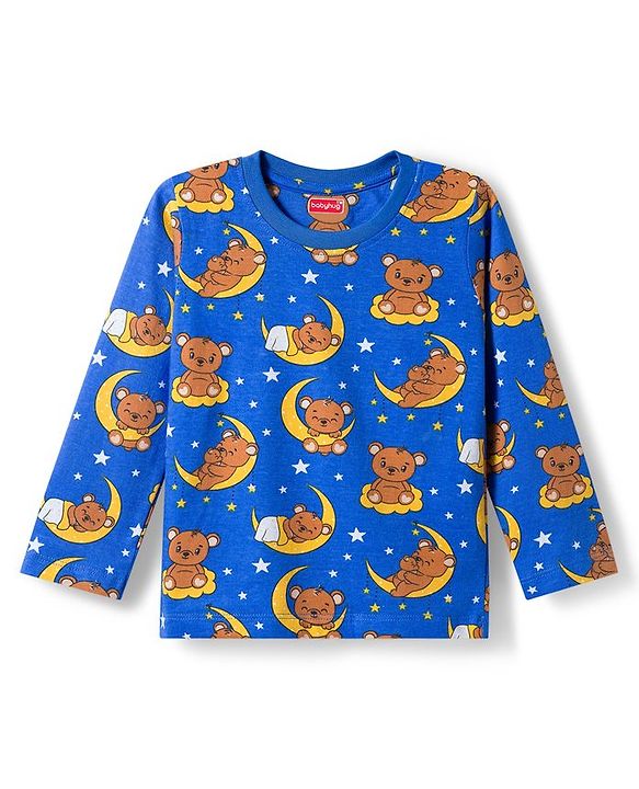 Babyhug Cotton Knit Full  Sleeves Co-ords Night Suit With Animal Print - Navy Blue