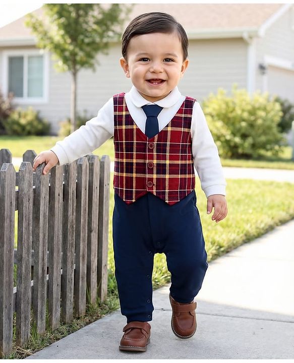 Babyhug Interlock Knit Full Sleeves Party Romper With Attached Checks Waistcoat & Tie - Navy Blue & Maroon