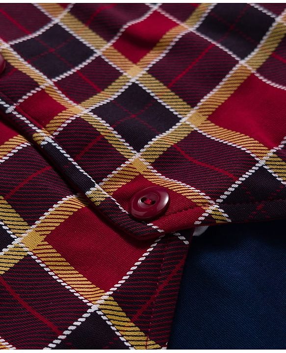 Babyhug Interlock Knit Full Sleeves Party Romper With Attached Checks Waistcoat & Tie - Navy Blue & Maroon