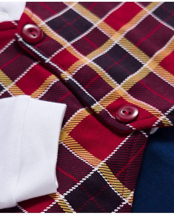 Babyhug Interlock Knit Full Sleeves Party Romper With Attached Checks Waistcoat & Tie - Navy Blue & Maroon