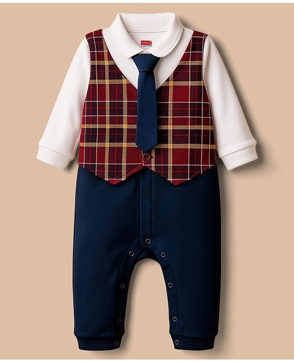 Babyhug Interlock Knit Full Sleeves Party Romper With Attached Checks Waistcoat & Tie - Navy Blue & Maroon