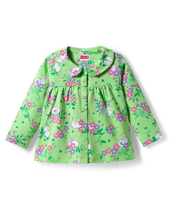 Babyhug Cotton Knit Full Sleeves Co-ords Night Suit With Floral Print - Green