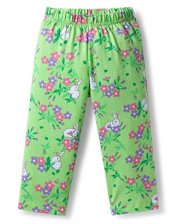 Babyhug Cotton Knit Full Sleeves Co-ords Night Suit With Floral Print - Green