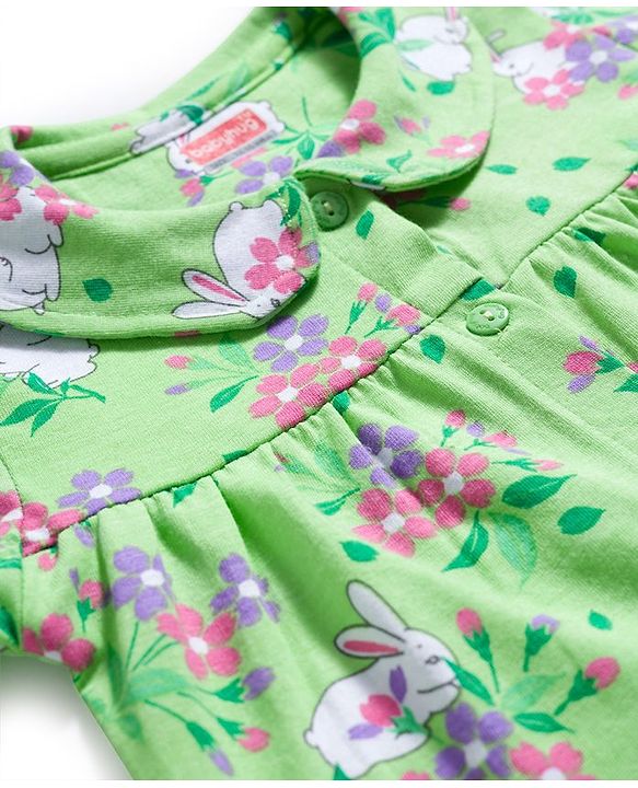 Babyhug Cotton Knit Full Sleeves Co-ords Night Suit With Floral Print - Green