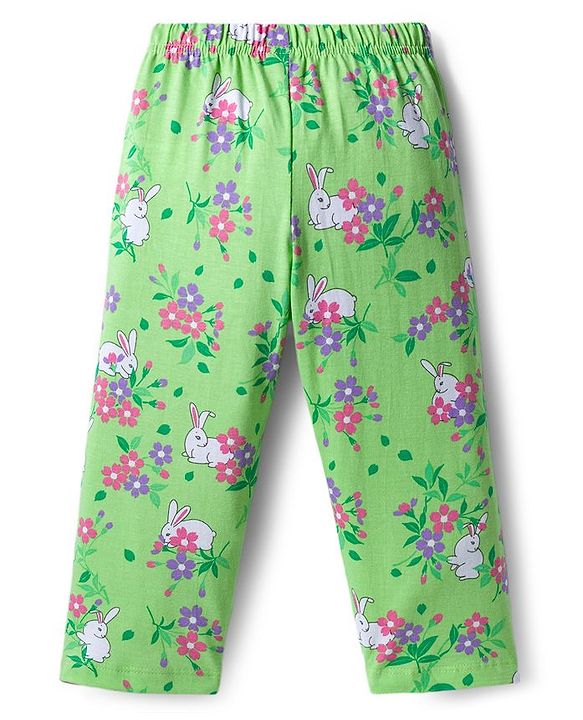 Babyhug Cotton Knit Full Sleeves Co-ords Night Suit With Floral Print - Green
