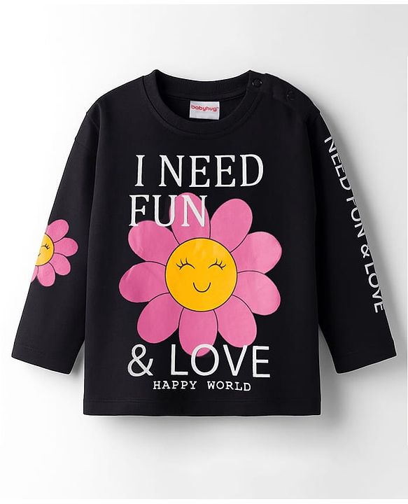 Babyhug Cotton Knit Full Sleeves T-Shirt With Text Print - Black