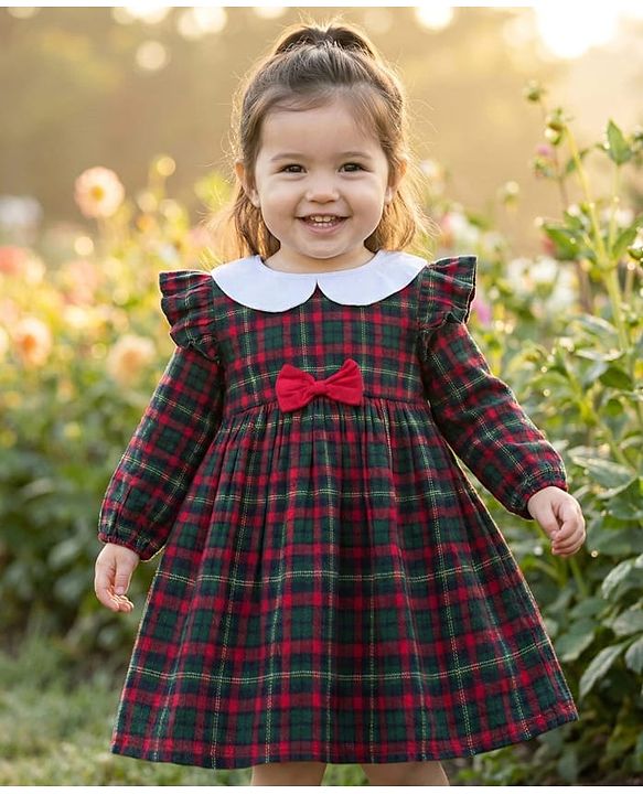 Babyhug Cotton Woven Full Sleeves Checks Frock With Bow Applique - Multicolor