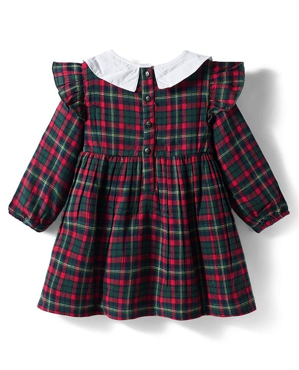 Babyhug Cotton Woven Full Sleeves Checks Frock With Bow Applique - Multicolor