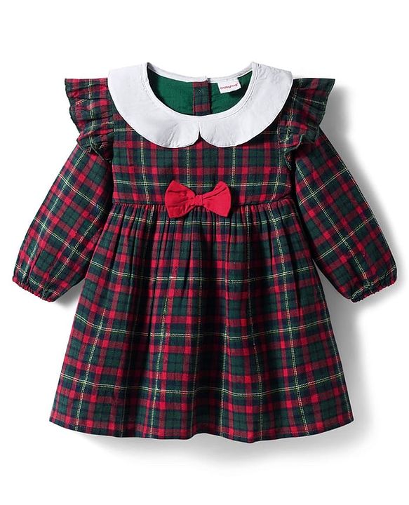 Babyhug Cotton Woven Full Sleeves Checks Frock With Bow Applique - Multicolor