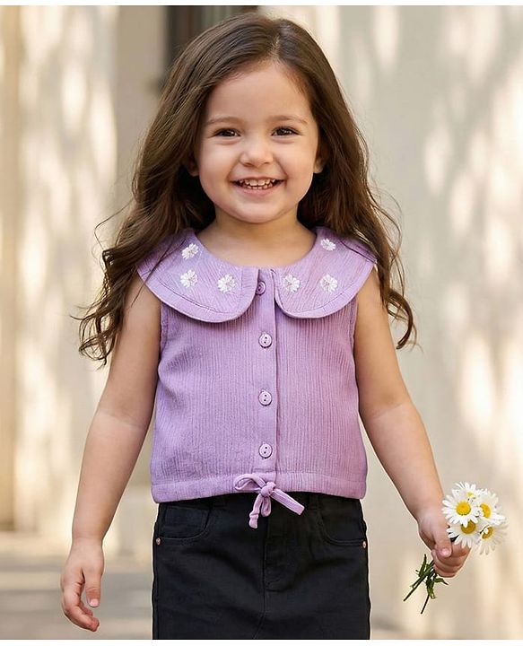 Babyhug Crinkled Crepe Woven Sleeveless Top With Floral Embroidery - Lilac