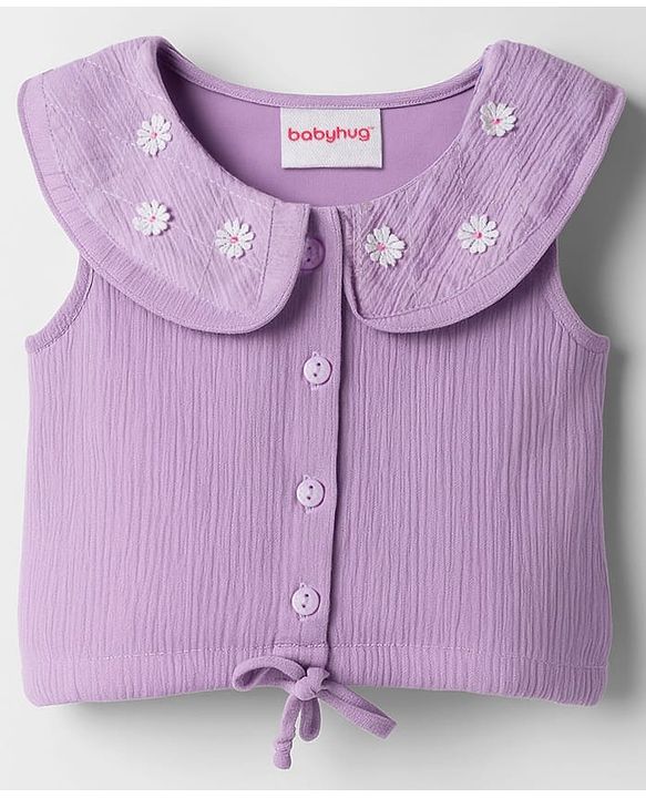 Babyhug Crinkled Crepe Woven Sleeveless Top With Floral Embroidery - Lilac
