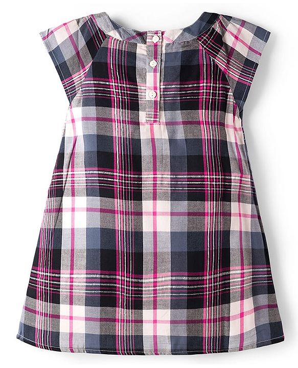 Babyhug 100% Cotton Woven Half Sleeves Knee Length Checkered Dress With Bow Applique - Multicolour