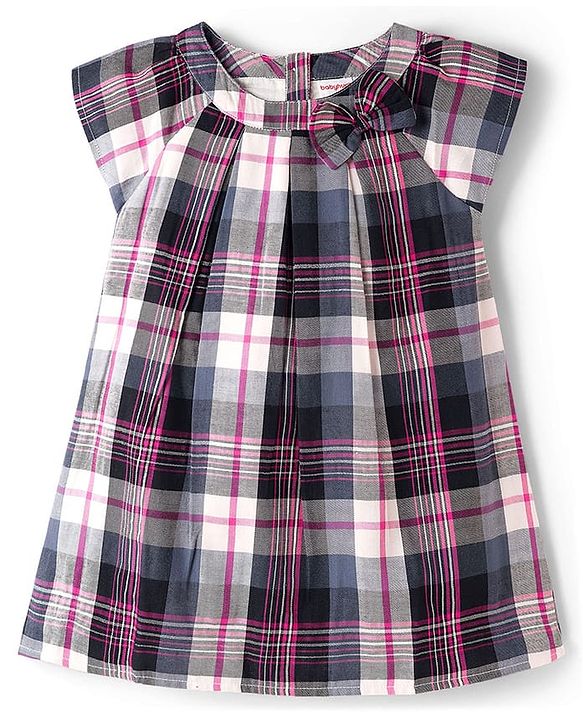 Babyhug 100% Cotton Woven Half Sleeves Knee Length Checkered Dress With Bow Applique - Multicolour