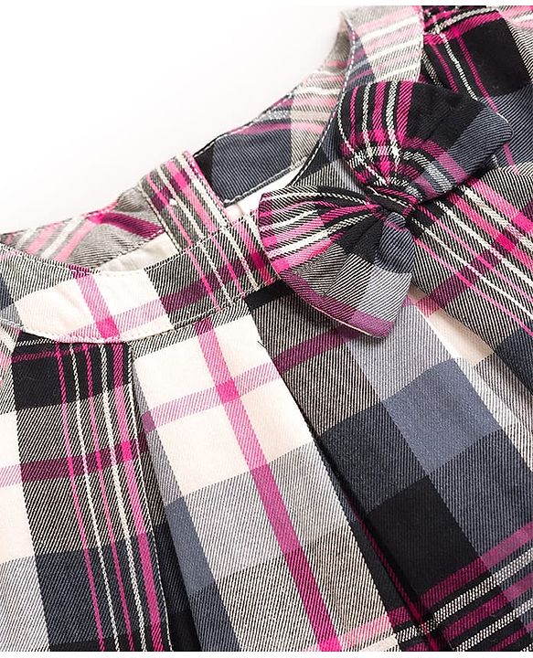 Babyhug 100% Cotton Woven Half Sleeves Knee Length Checkered Dress With Bow Applique - Multicolour