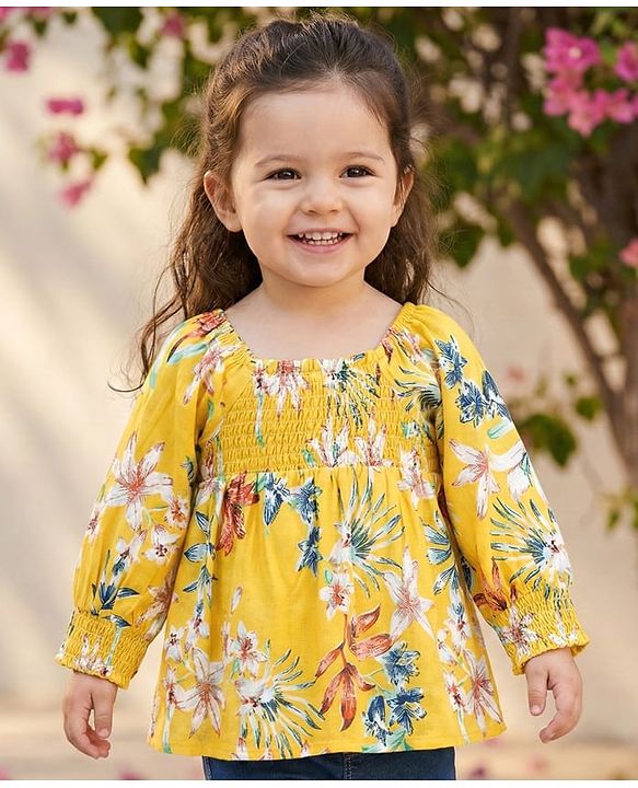 Babyhug Cotton Woven Full Raglan Sleeves Smocked Top with Floral Print - Yellow