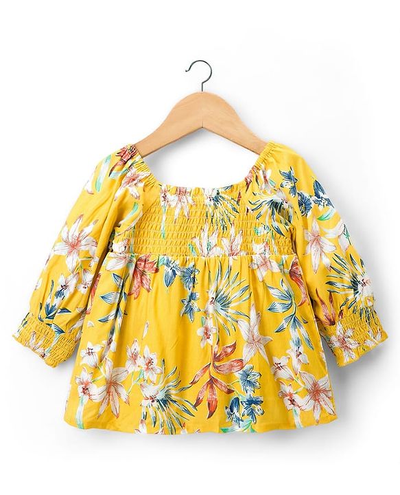 Babyhug Cotton Woven Full Raglan Sleeves Smocked Top with Floral Print - Yellow