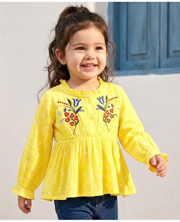Babyhug Cotton Woven Full Sleeves Top with Floral Embroidery - Yellow