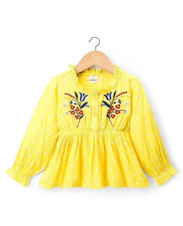 Babyhug Cotton Woven Full Sleeves Top with Floral Embroidery - Yellow