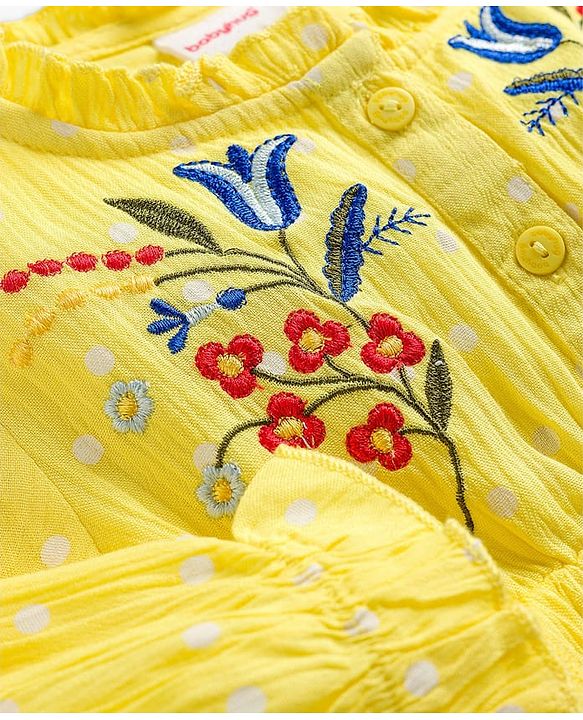 Babyhug Cotton Woven Full Sleeves Top with Floral Embroidery - Yellow