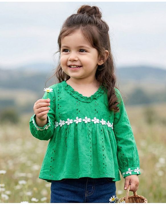 Babyhug Cotton Woven Full Sleeves Chiffli Top - Green