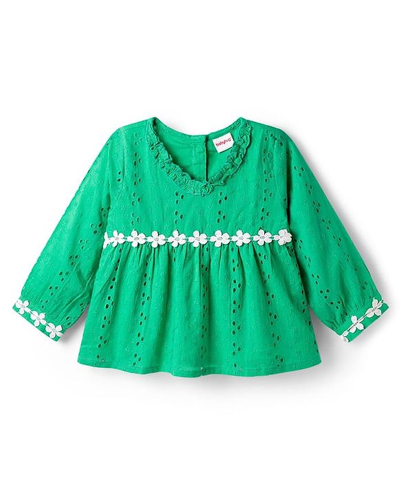 Babyhug Cotton Woven Full Sleeves Chiffli Top - Green