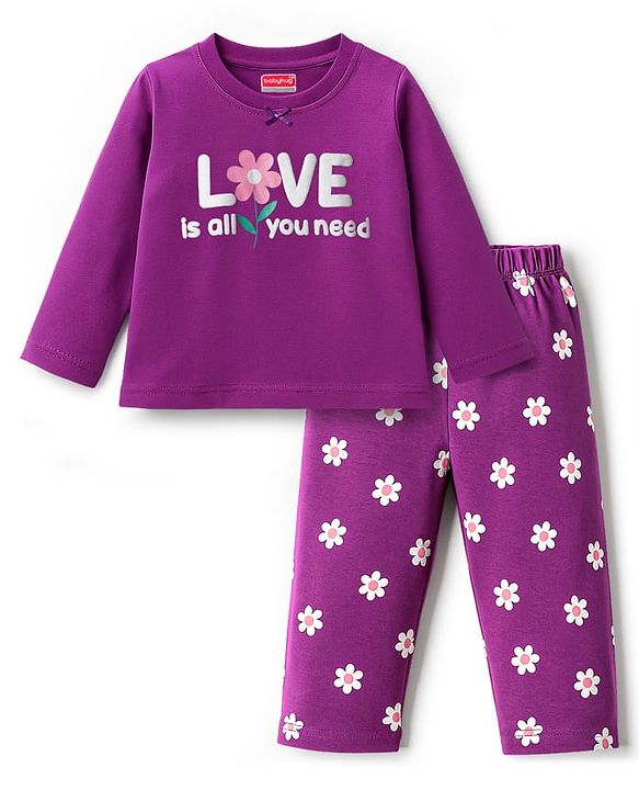 Babyhug Cotton Knit Full Sleeves Night Suit With Floral Print - Purple